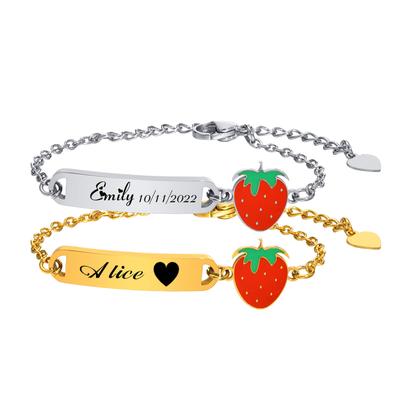 Bracelet Fraise Personnalisé, Bracelet Personnalisé avec Nom pour Petit Garçon Fille, Acier Inoxydable Mignon Cadeau d'Anniversaire