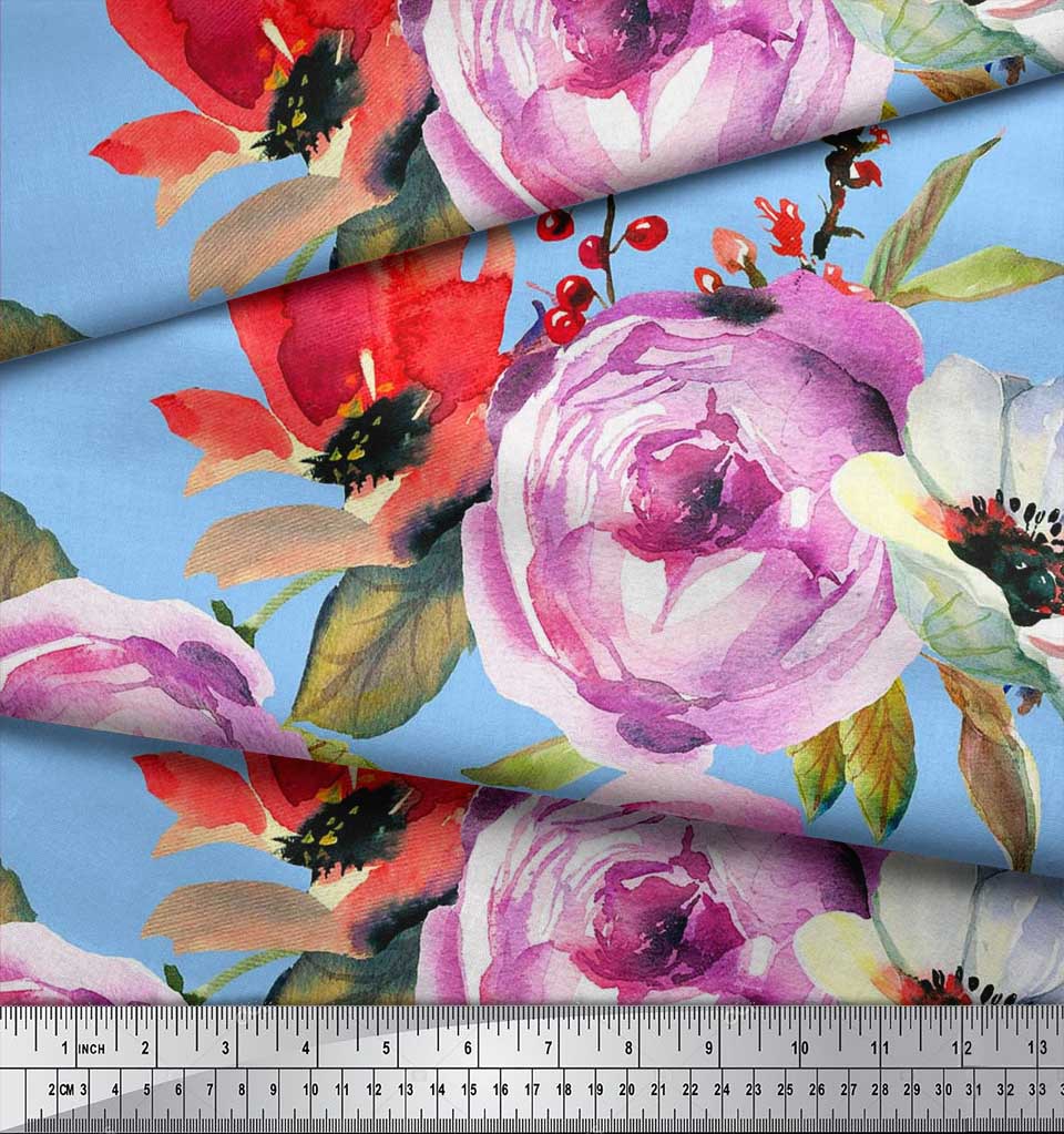 Soimoi Japan Crepe Satin Fabric Leaves,Poppy & Peony Flower Decor Fabric Printed Metre 42 Inch