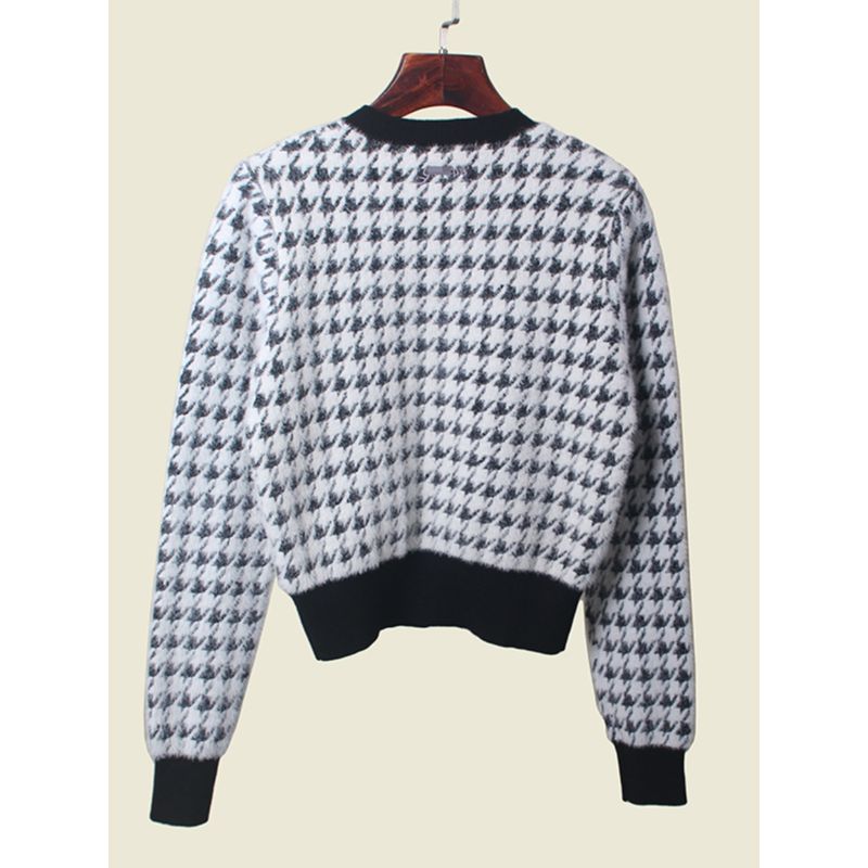 American Brand G Home Mink-like Wool Long Sleeves Cardigan Export round Neck Classic Style Houndstooth Women's Sweater Outwear