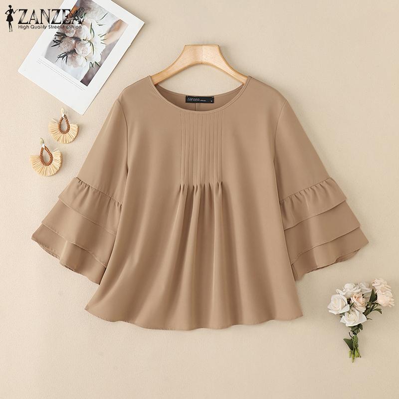 ZANZEA Women Casual Round Neck Solid Color 3/4 Sleeve Loose Blouse
