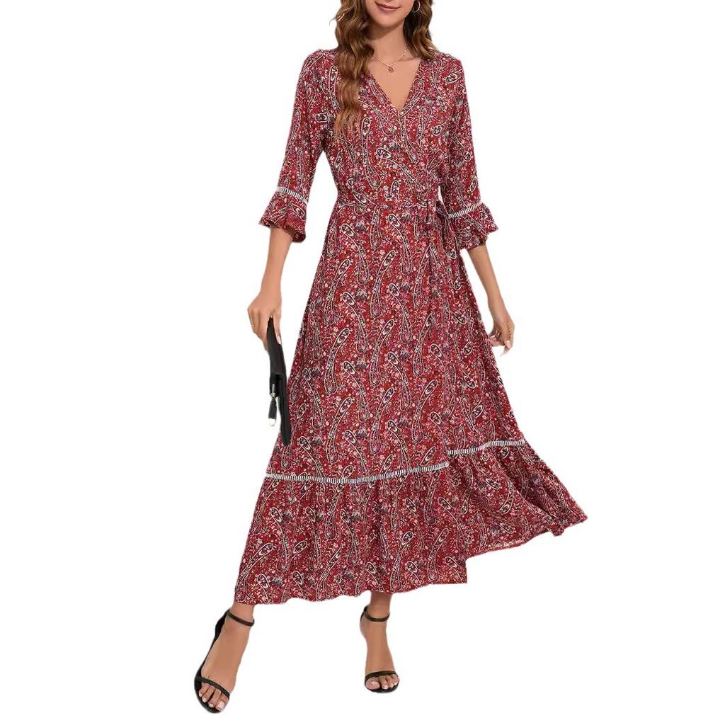 Damenkleid aus hohler Spitze, V-Ausschnitt, halbe Ärmel, dünnes Schnürkleid, Strandurlaub, einteiliges Wickelkleid