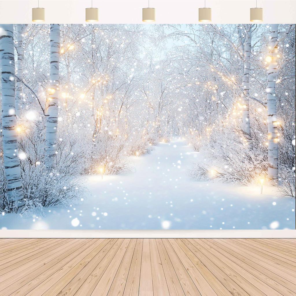 2D Flat 1 Piece of Winter Wonderland Snow Scene Polyester Background Fabric, Ideal for Wedding, Anniversary,and Party De