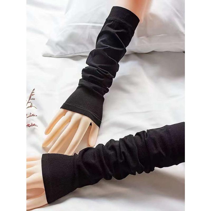 Women Solid Color Sun Block Fingerless Wrist Length Driving Gloves Cold Gloves