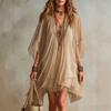Rochie de plajă tip tunică pentru femei, stil boho, cu decolteu în V, din șifon fluid, cu bordură croșetată