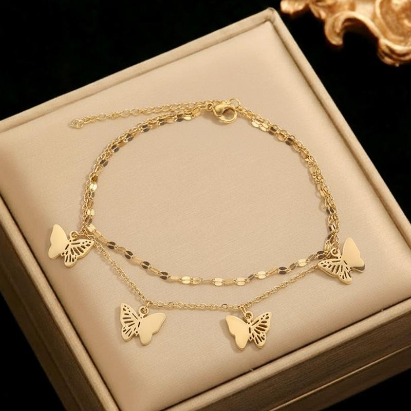 Stainless Steel Hollow Butterfly Pendant Anklet for Women Simple Gold Insect Double-Layer Foot Chain Beach Jewelry