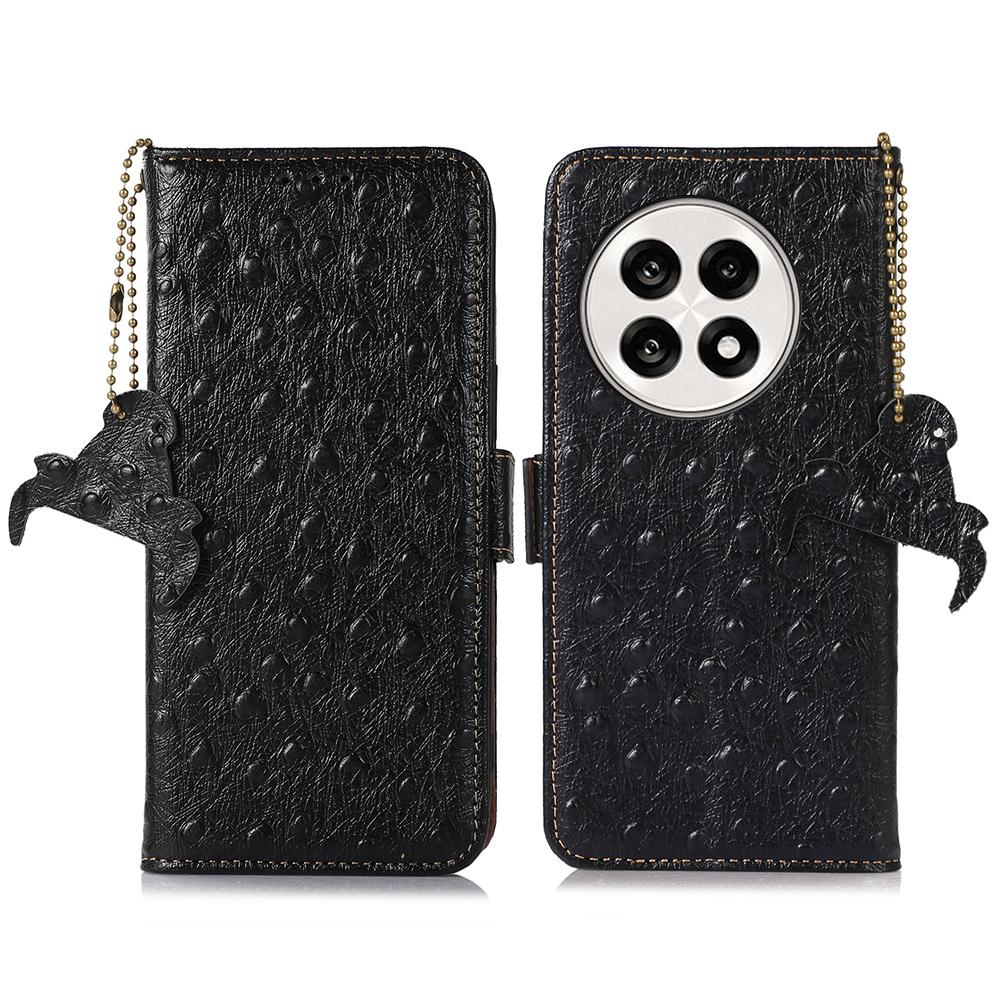 

For OnePlus Ace 5 5G/13R 5G Case RFID Blocking Genuine Cow Leather Phone Case Ostrich Texture Black