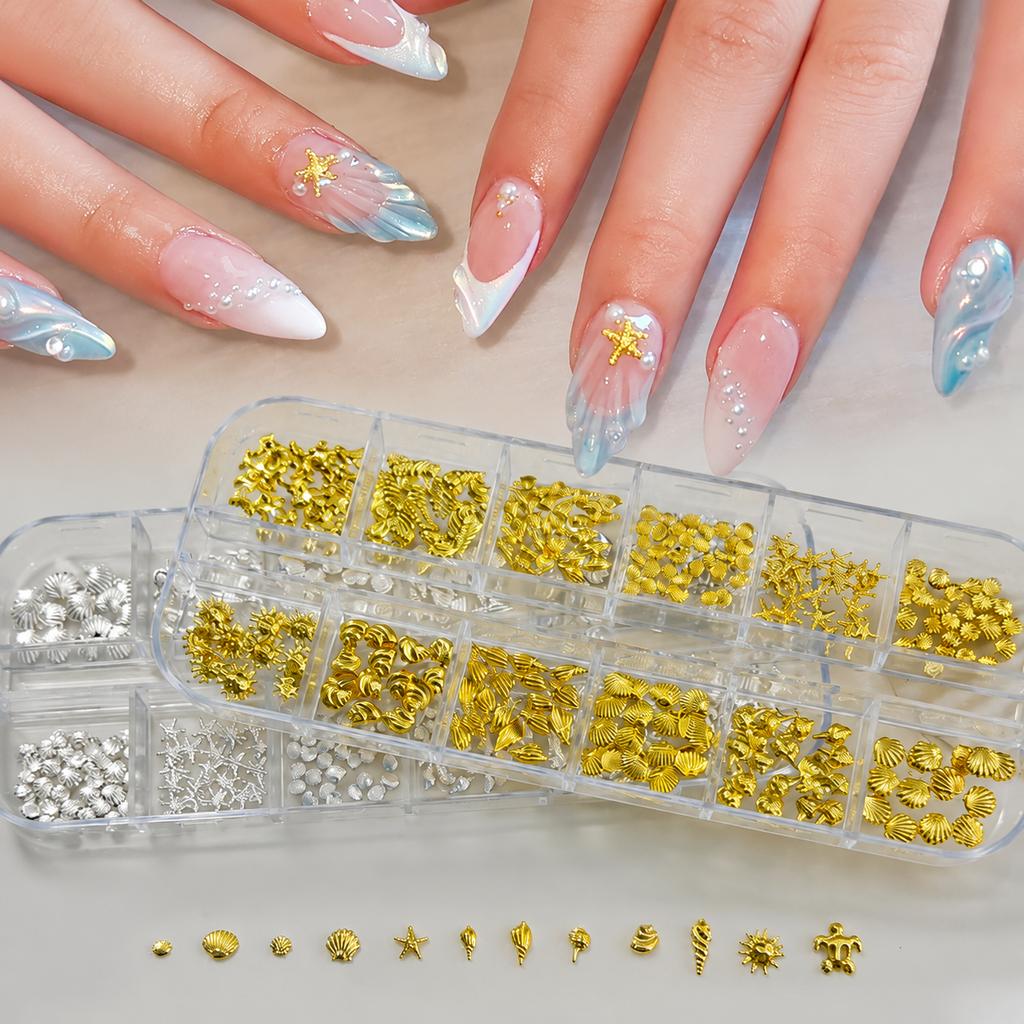 11 Grid Ocean Series Metal Nail Charms Gold Silver Shell Starfish Mixed Nail Art Decoration Accessories