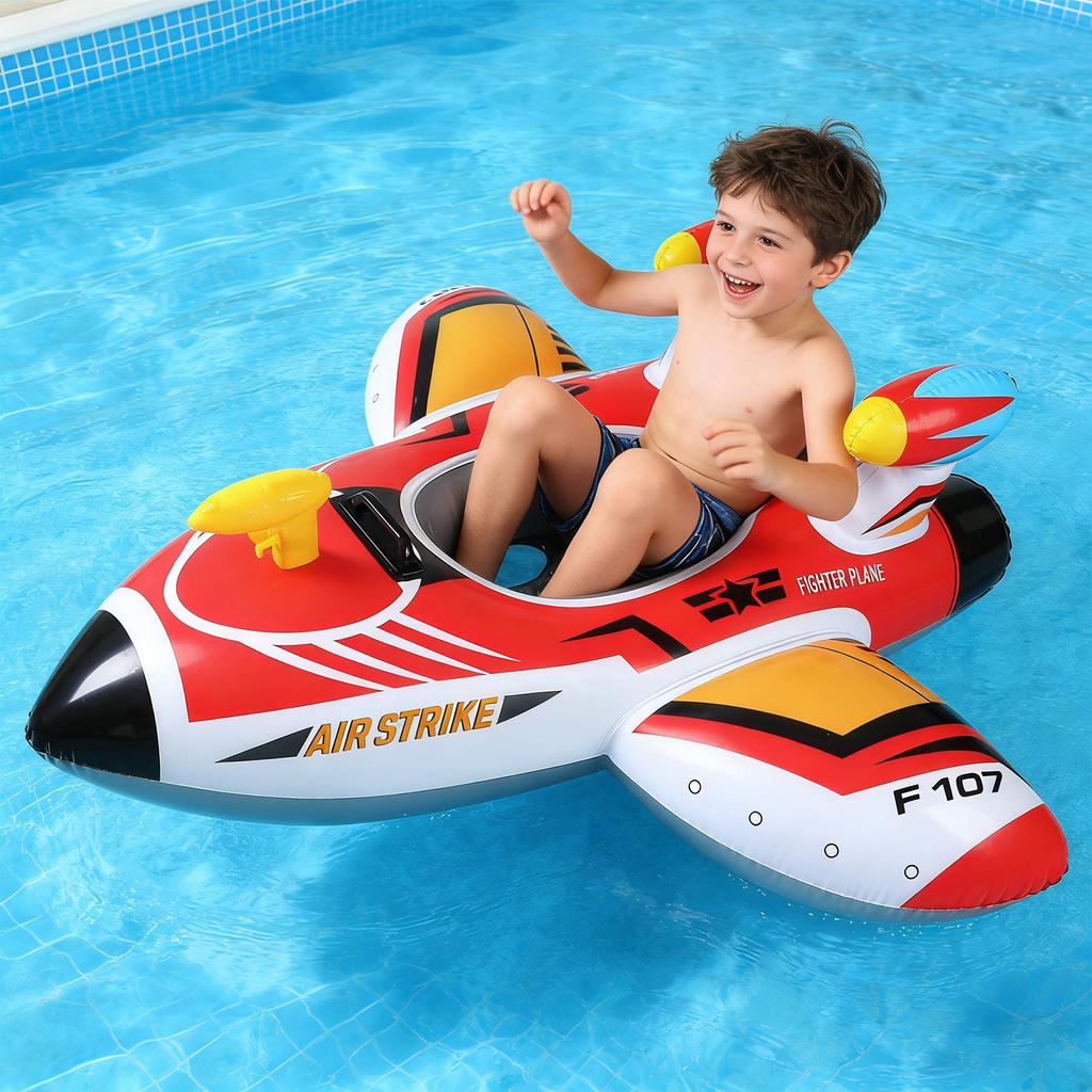 Inflatable Airplane Shaped Water Float Seat for Children Thickened Outdoor Pool Swim Ring with Steering Wheel Design for Interactive Water Activities