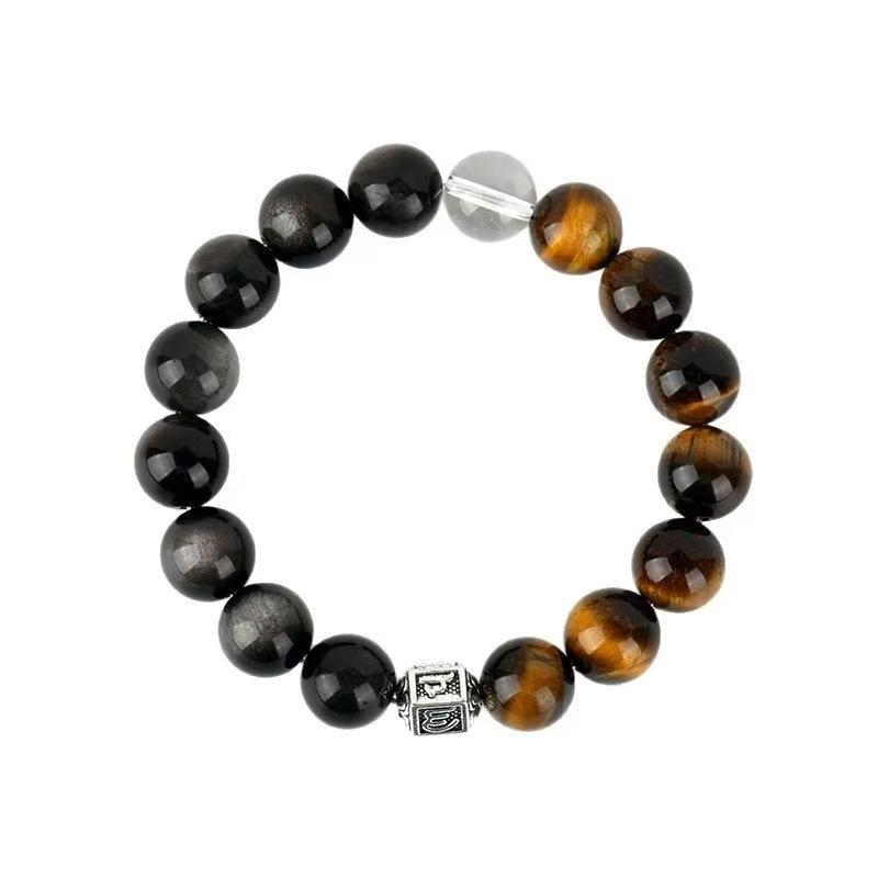 Natural Silver Yaoshi Tiger'S Eye Stone Bracelet Domineering Retro Guochao Men'S Bracelet Diamond Surface Double Spell Obsidian