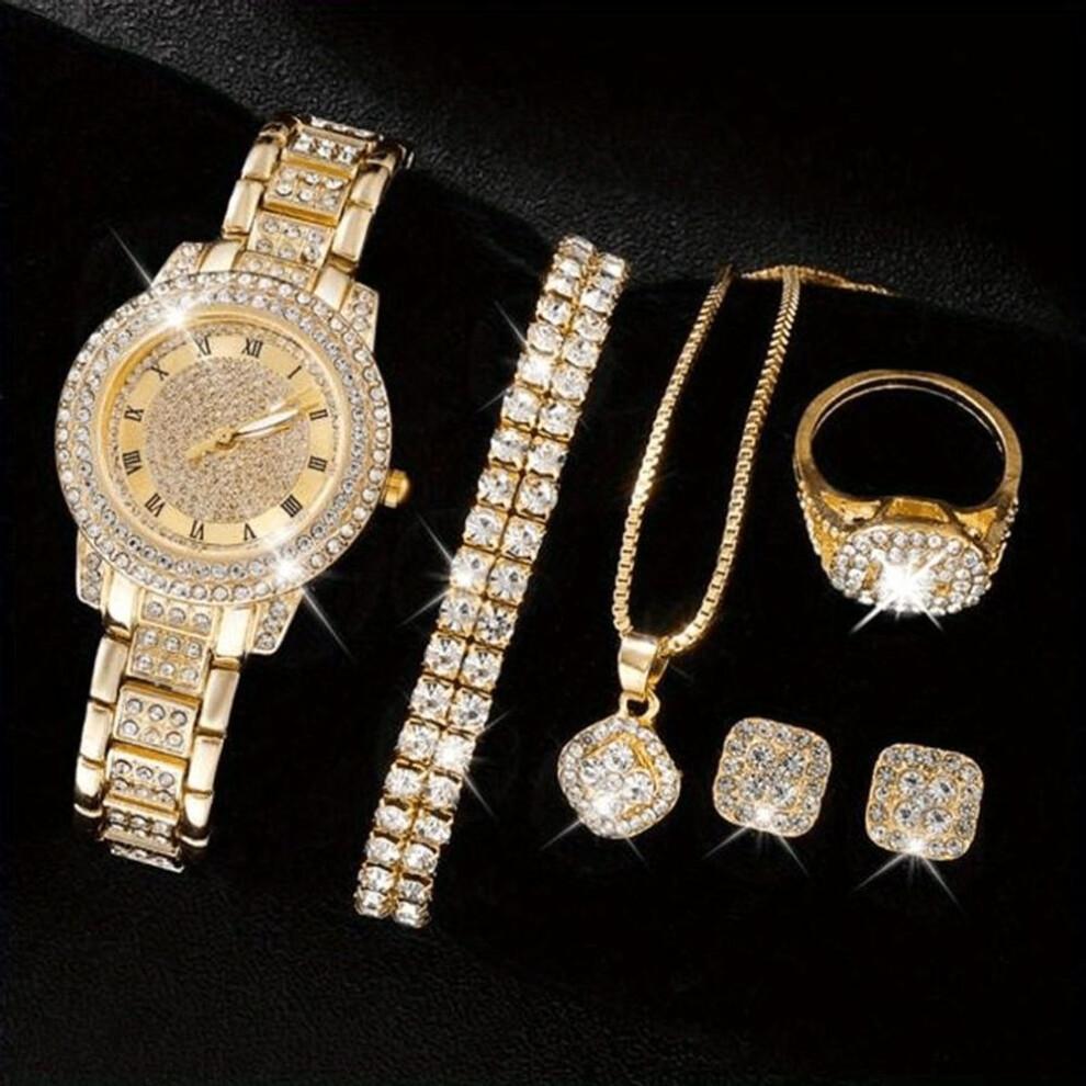 (silver) 6 Pcs/Set Women's Watches, Luxury Rhinestone Quartz Watch, Roman Fashion Analog Watch and Jewelry Set, Gift for Mom and Her