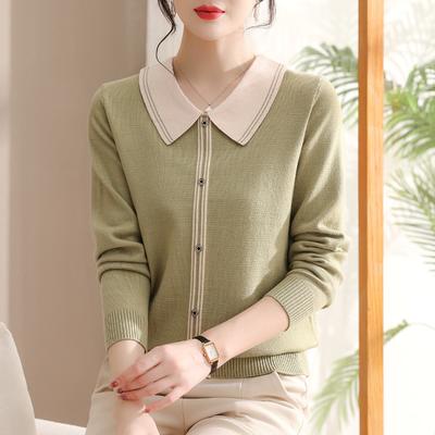Autumn Winter Fashion Spliced Knitted Pullover Top Women Turn Down Collar Casual All-match Bottomed Sweater