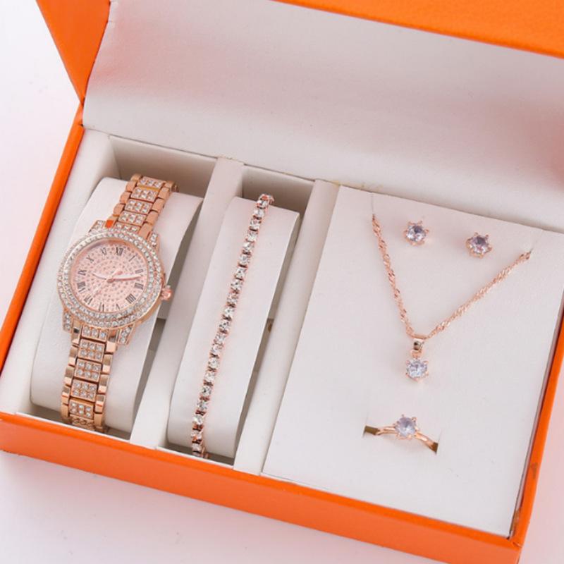 5Pcsset New Popular High-End Fashion Diamond-Encrusted Women'S Watch Small Fresh Retro Simple Watch Women'S Bracelet Set