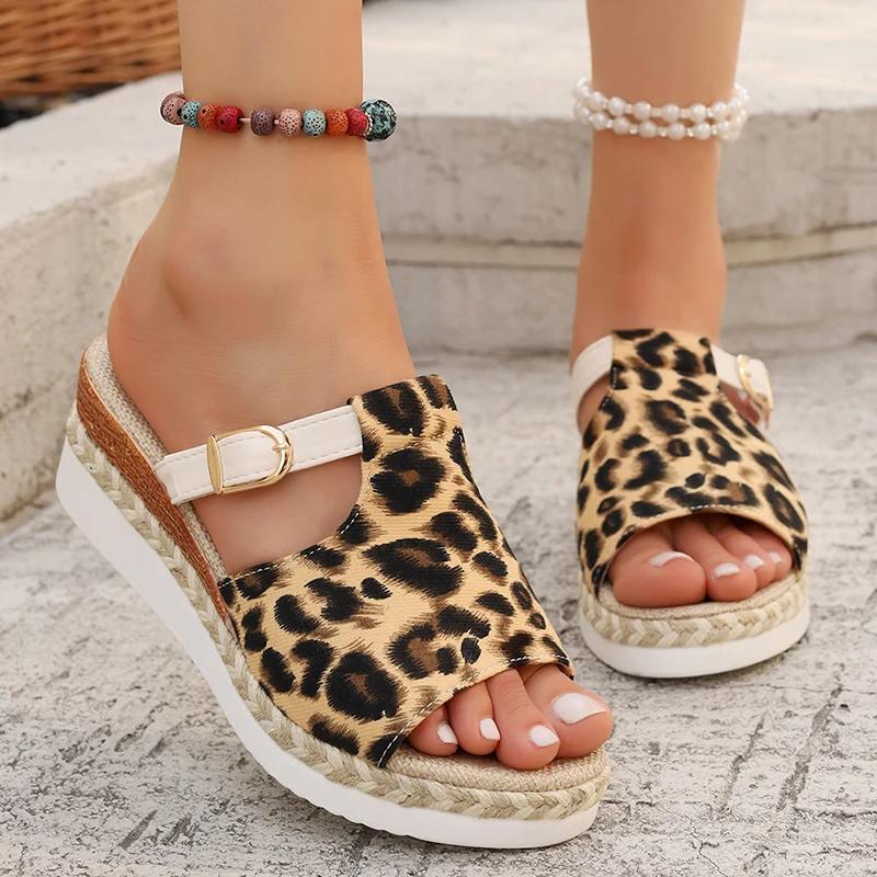 Fashion Fashion Leopard Print Wedge Sandals for Women Buckle Strap Slip On Platform Sandles Woman Summer Comfort Thick Sole Beach Shoes