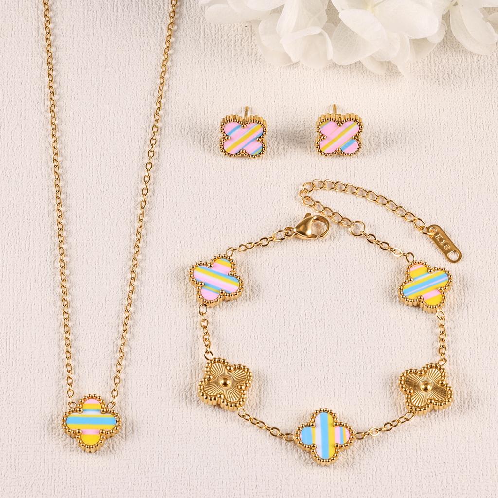 3PCS clover necklace bracelet earrings 18K gold-plated non fading light luxury fashion accessory