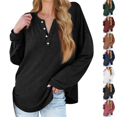 Kadın Yeni Düğmeli Yaka Moda Düz Renk Uzun Kollu Tişört Slim Üst Gündelik Üstler