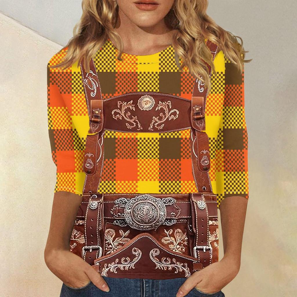 Women Casual Three Quarter Sleeve Oktoberfest Print Round Neck Top Fashion Loose Fit Lightweight Pullover Shirt for Autumn