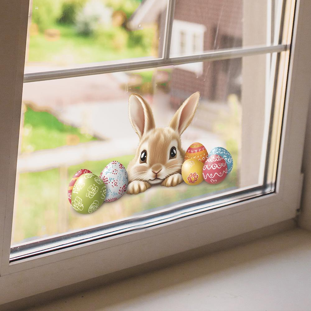 Cute Rabbit Easter Eggs Balcony Glass Window Background Beautification Decoration Window Stickers