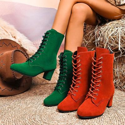 Bottines à Talons Hauts Épais pour Femmes - Bottes Martin Mode à Lacets Avant, Bottes en Cuir Couleur Unie pour l'Automne