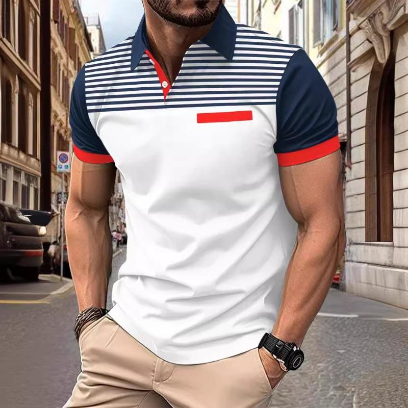Men’s summer casual printed striped short-sleeved polo shirt with faux pockets and a lapel