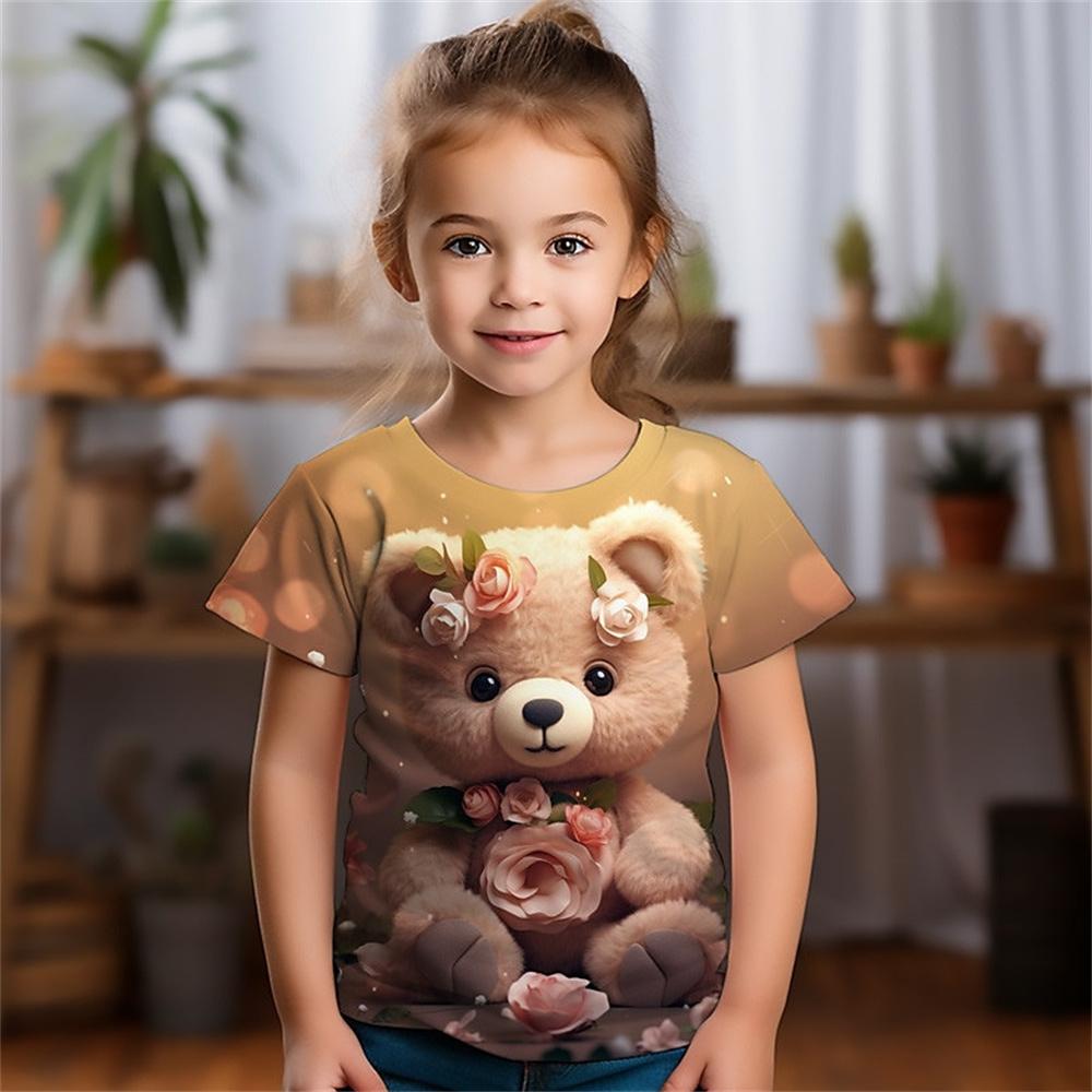 Cute Bear Print Baby Girl T-Shirt Summer Casual Short Sleeve Girls' T-Shirt Cool 3d Printed Fun Children's Clothing Top Tee