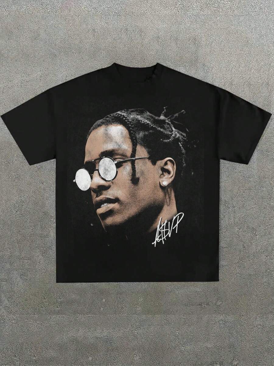 

Ретро Солнцезащитные Очки ASAP Rocky Круглые Серый Портрет С Подписью Печать Графическая Футболка Повседневный Принт S