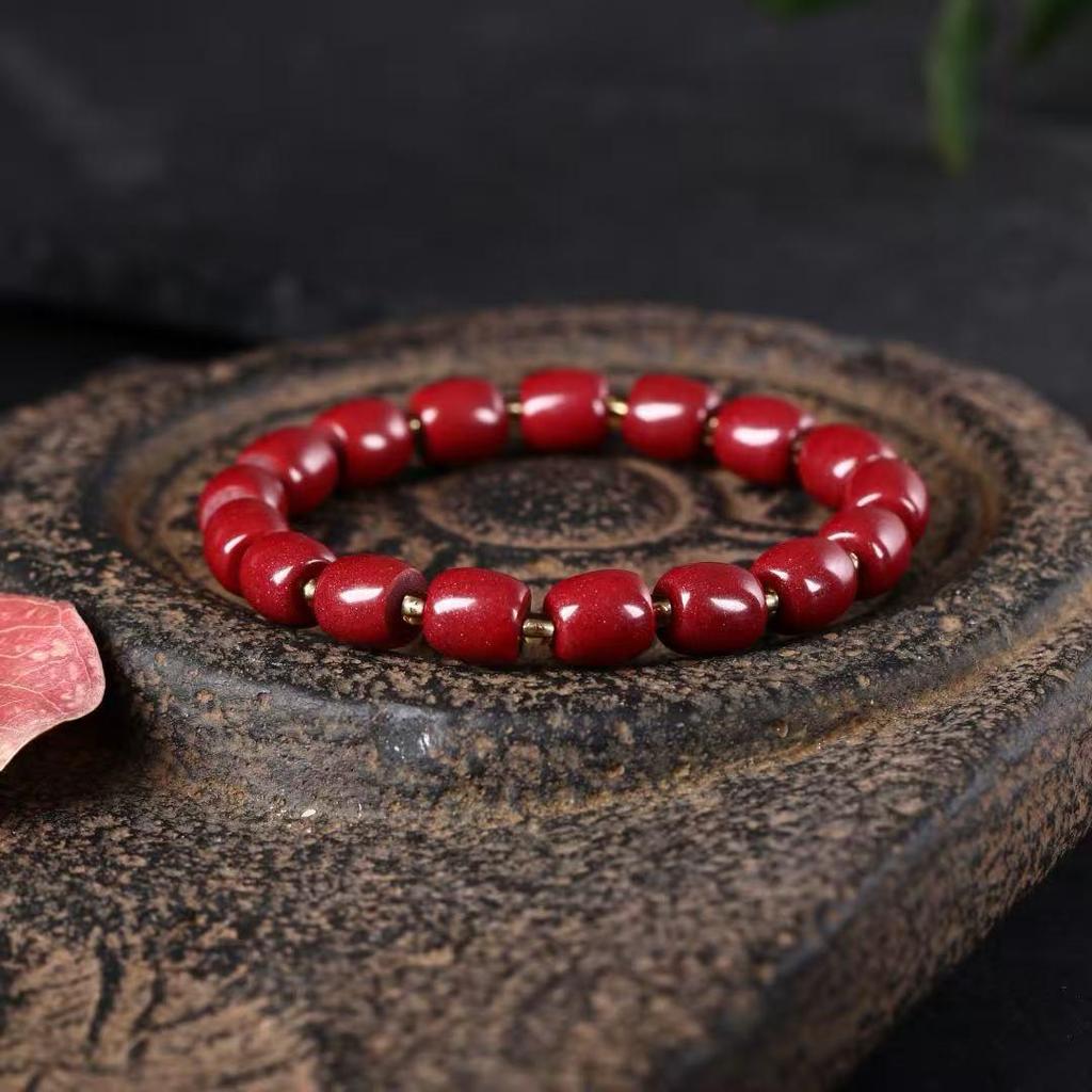 Cinnabar Fortune Gourd Bead Bracelet - Faceted Old Style Wealth Charm for Benmingnian