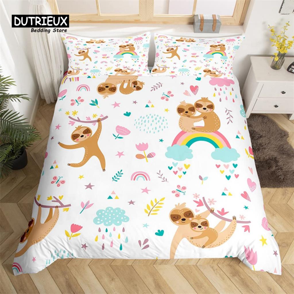 Cartoon Animal Duvet Cover Set Giraffe Elephant Sloth Tiger Zebra Monkey King Bedding Set Floral Lovely Animal Print Quilt Cover