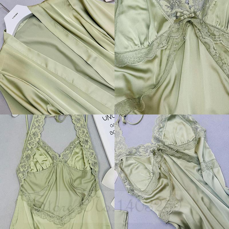Female Nighty Robe Set Sleepwear SEXY Lace Backless Lingerie Nightgown Summer LoungeWear Loose Satin Bathrobe Gown Home Dress