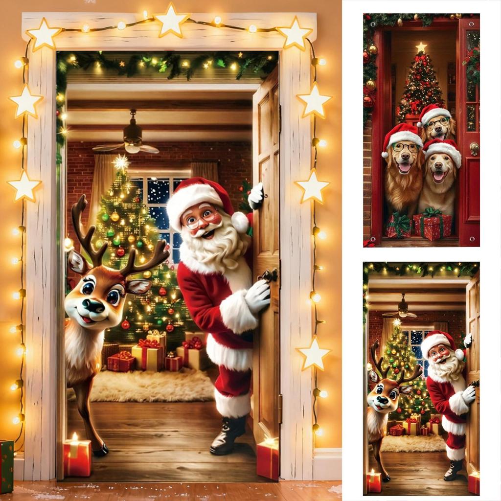 Christmas Door Decorations Covers 2D Winter Holiday Party Background Christmas Door Wrap for Indoor Outdoor Home Kitchen Party