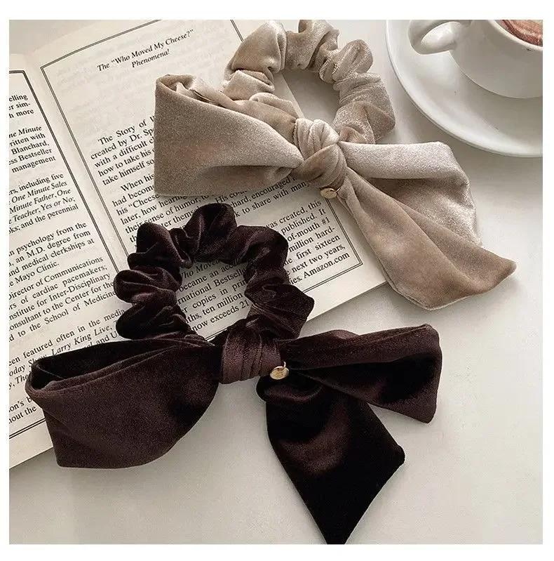 Vintage Velvet Bow Scrunchie Rabbit Knot Hair Rope Ribbon Elastic Ponytail Holder Hair Tie Solid Hair Accessories Winter