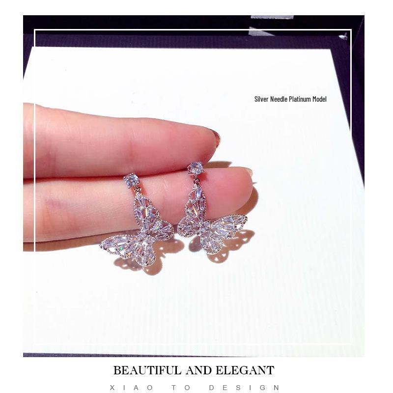 

925 Silver Butterfly Zircon Earrings - Hollow, Light Luxury, Simple & Versatile Fashion