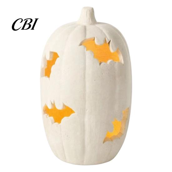Halloween Pumpkin Decor Resin Figurine, Bat Hollow Out Lantern with Durable Collectibles Warm Light, Spooky Indoor Outdoor Home Table Fireplace Unique