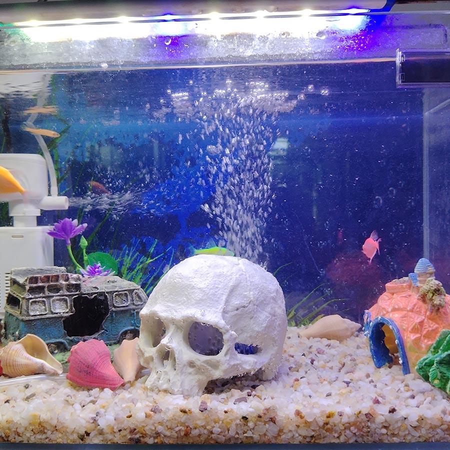 1 Sett Resin Skalle Akvariedekor – Fiske-, Reke- og Reptilavlsgrotte med Innebygd Boblestein for Oksygenering | Halloween Akvariepynt