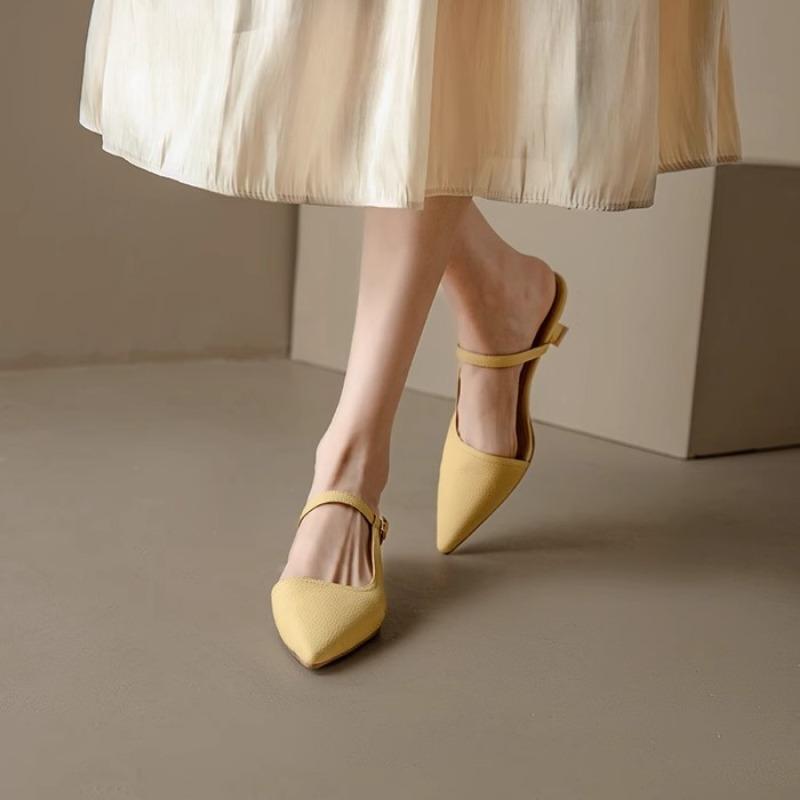 2024 New Summer Women Shoes Pointed Toe Mules Genuine Leather High Heel Sandal Outside Slipper Shoes for Women Handmade