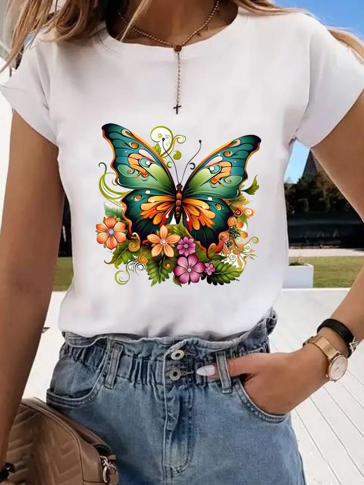 (Asian Size)  trend butterfly flower cute Graphic Tee Fashion T Clothing Women's Top  Print Female Casual  Short Sleeve T-shirts