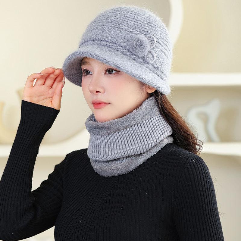 Fleece Warm Hat Ladies Mom Rabbit Plush Fashion Knitted Scarf Basin Hat Winter Grandma Windproof Hat