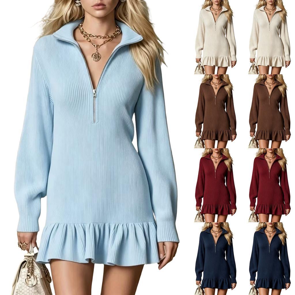 Women's Half Zip Collar Long Sleeve Ruffle Trim Short Dress for Everyday Casual Wear