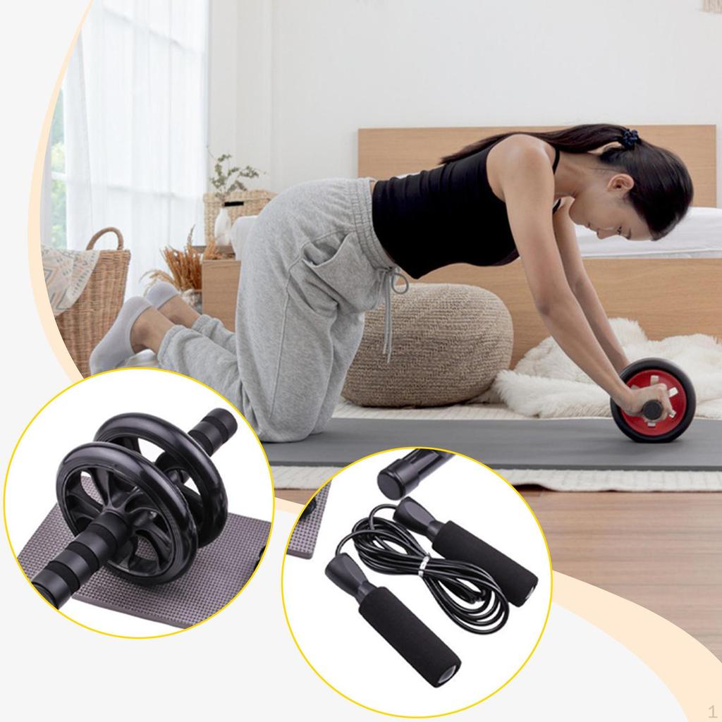 7 Piece Ab Workout Roller Wheel Kit Jump Rope Knee Pad Accessories Anti Slip Grip for Men and Women