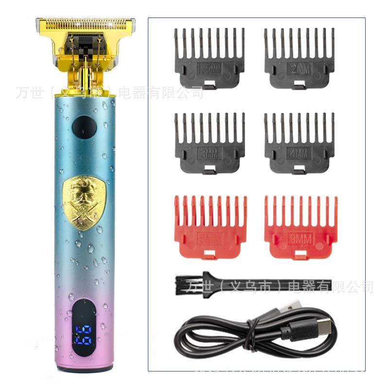 

Градиент T9, ЖК-цифровой дисплей, зарядка через USB, электрическая машинка для стрижки, белый толкающий светильник, ретро-масляная головка, Barberjavascript: