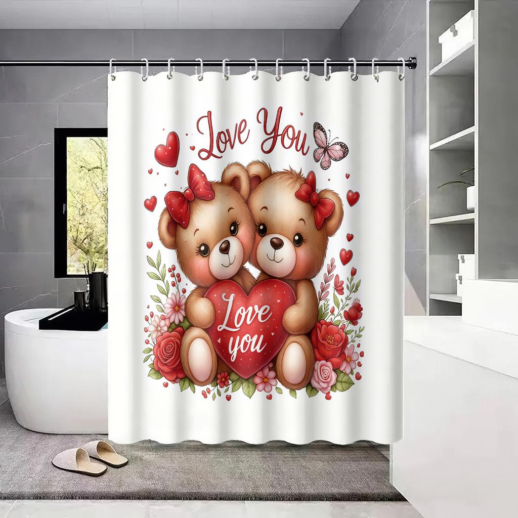 1pc Romantic Valentine's Day Bear Printed Waterproof Privacy Shower Curtain with 12 Hooks, Multiple Sizes, Easy Installation