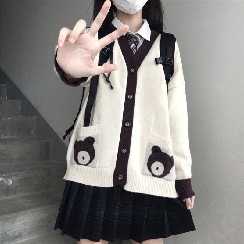 Japanese Style Bear Print Cardigan Sweater Women JK V-neck Oversized Knitted Jumper Female Preppy Fashion Kawaii Coats