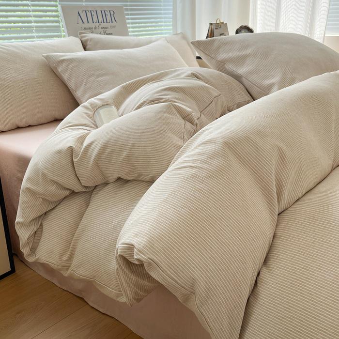Japanese Minimalist Pure Cotton Bedding Set - Washed Cotton Duvet Cover, Bed Sheet, Dorm-Friendly (3 or 4-piece).