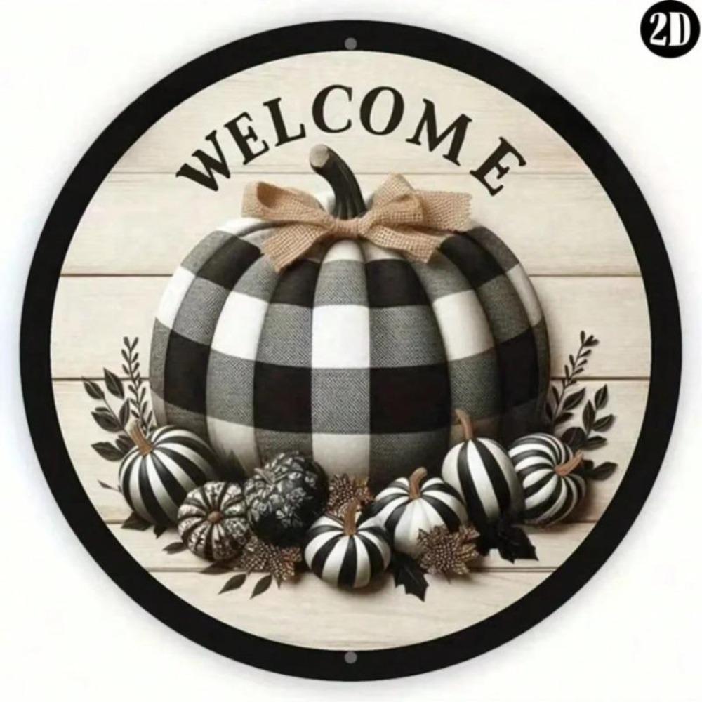 Buffalo Plaid Pumpkin Metal Welcome Sign Vintage Farmhouse Wall Art