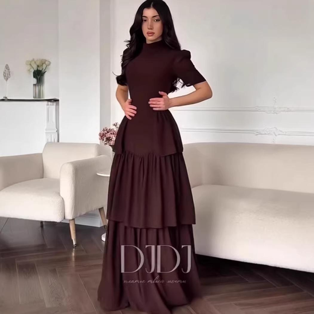 

2025 Designer Style Women s Waist-Cinching Long/Short Sleeve Solid Color Dress S коричневый/красный