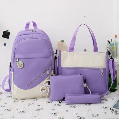 4 Pcs Sets Canvas Schoolbags Girls Women Backpackd Contrast Color Women Laptop Backpack Student Kids Rucksack Backpack