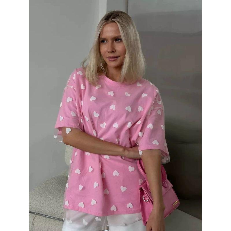 European and American Fashion Love Heart Mesh Patchwork T-shirt Loose round Neck Top Printed Loose T-shirt