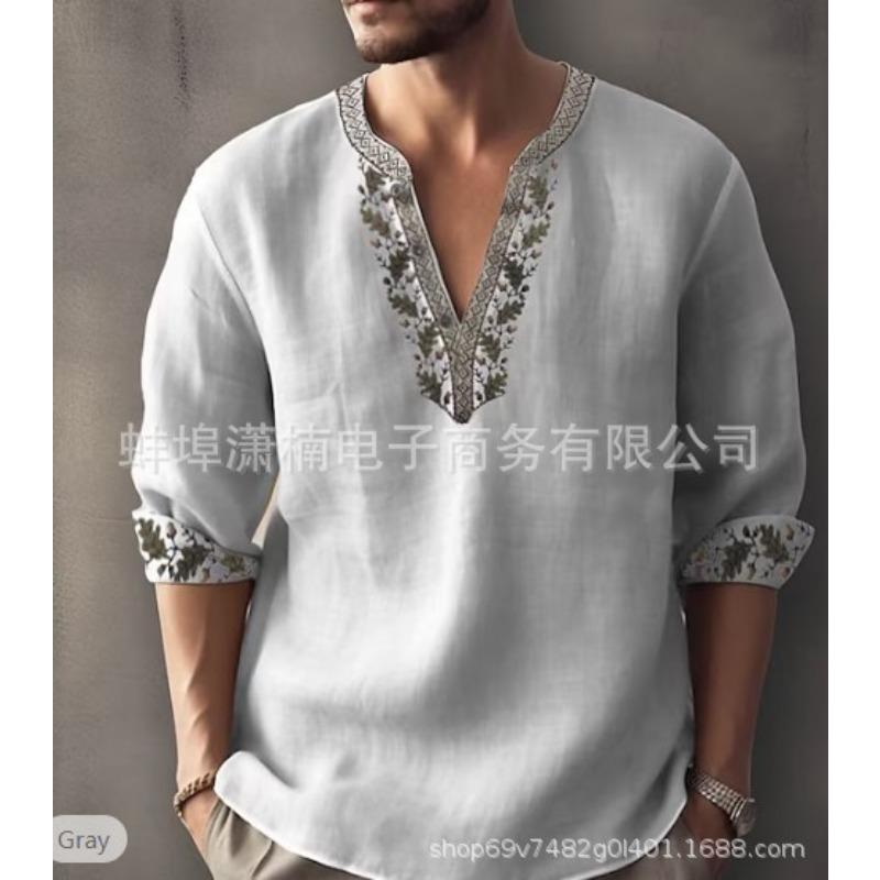 Herren V-Ausschnitt Leinenmischung Hemd Mit Floralem Stickerei Und Aufrollbaren Ärmeln Lässige Ethnische Stil Bluse XXL grau