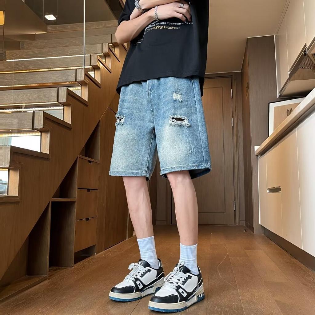 JYL Men's Denim Shorts American High-Street Ripped Summer Loose Casual Fifth Pants Denim