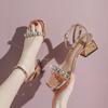 Fairy wind word with middle heel sandals female 2025 summer new Roman rhinestone high heels thick heel versatile women's shoes