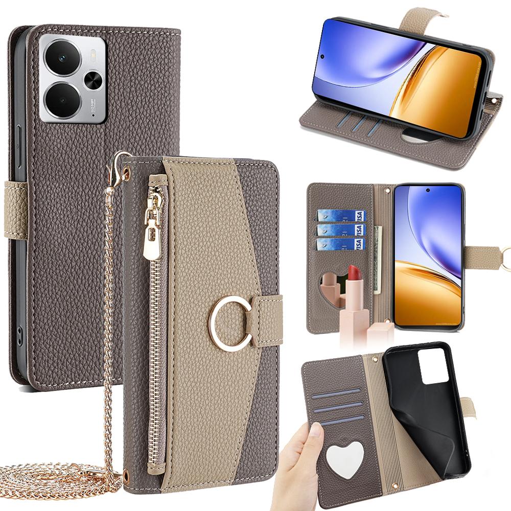 

Для Realme 14 5G Чехол Зеркальный Кошелек Кожаный Чехол для Телефона с Цепочкой Плечевой Ремень Grey